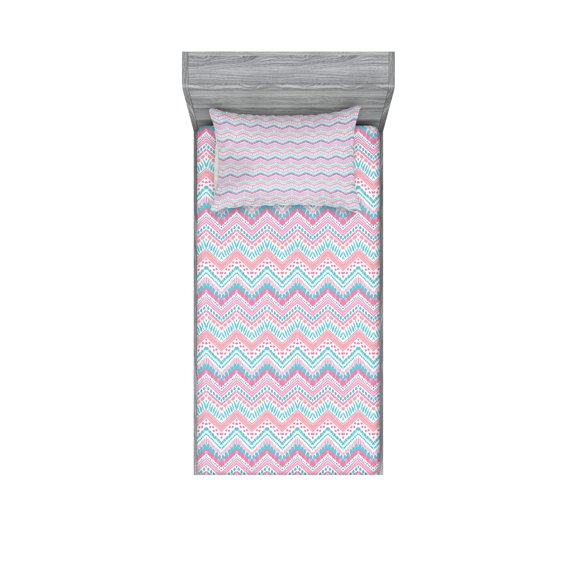 Ambesonne Geometric Fitted Sheet & Pillow Sham Set, Brush Stroked Zigzags, Twin, Pale Pink Aqua Pink