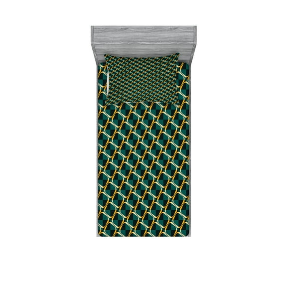 Ambesonne Geometric Fitted Sheet & Pillow Sham Set, Checkered Pattern Rings, Twinxl, Multicolor