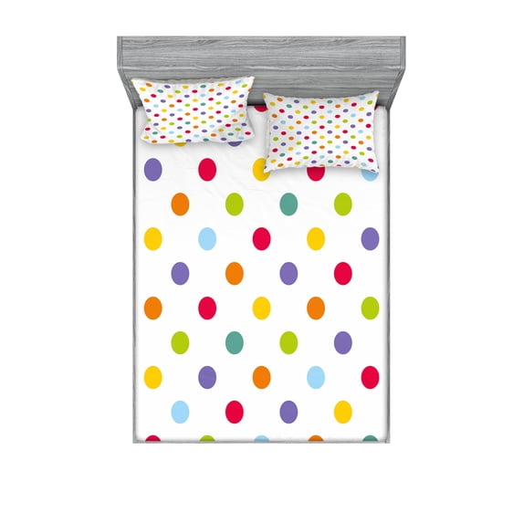 Ambesonne Geometric Fitted Sheet & Pillow Sham Set, Cheerful Design Polka Dot, Full, Multicolor