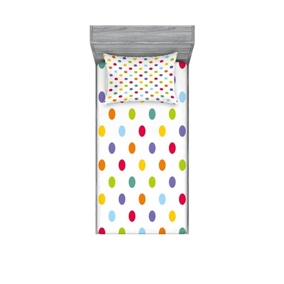 Ambesonne Geometric Fitted Sheet & Pillow Sham Set, Cheerful Design Polka Dot, Twinxl, Multicolor