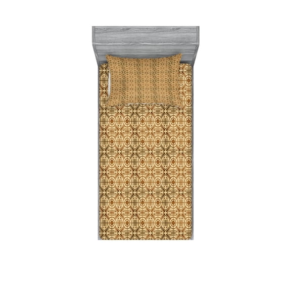 Ambesonne Geometric Fitted Sheet & Pillow Sham Set, Circles Radial Lines, Twinxl, Caramel and Beige