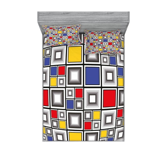 Ambesonne Geometric Fitted Sheet & Pillow Sham Set, Colored Mosaic Square, Full, Multicolor