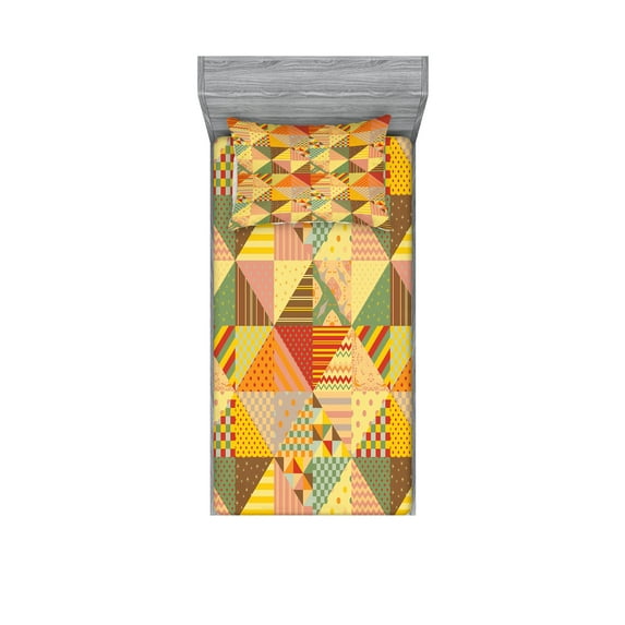 Ambesonne Geometric Fitted Sheet & Pillow Sham Set, Colorful Triangle Patches, Twinxl, Multicolor