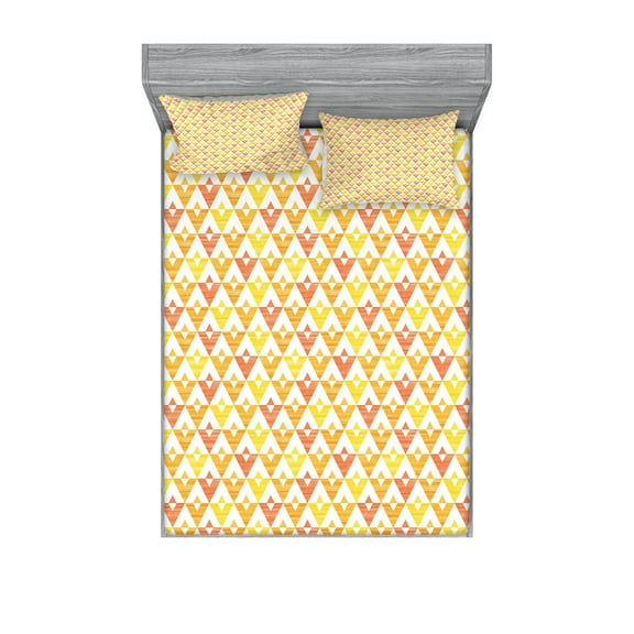 Ambesonne Geometric Fitted Sheet & Pillow Sham Set, Composition of Triangles, Full, Orange Yellow Rust