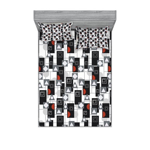 Ambesonne Geometric Fitted Sheet & Pillow Sham Set, Creative Modern Shapes, Queen, Grey Vermilion