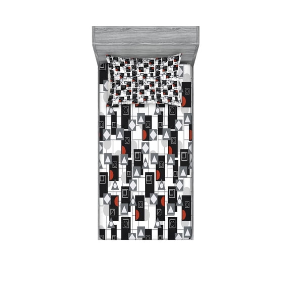 Ambesonne Geometric Fitted Sheet & Pillow Sham Set, Creative Modern Shapes, Twinxl, Grey Vermilion