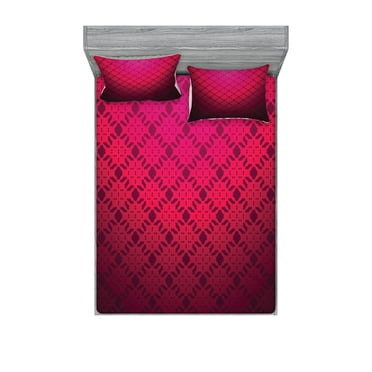 Ambesonne Geometric Fitted Sheet & Pillow Sham Set, Damask Vintage Design, Queen, Hot Pink Fuchsia