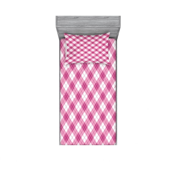 Ambesonne Geometric Fitted Sheet & Pillow Sham Set, Diagonal Pastel Color, Twinxl, Fuchsia Pale Pink White