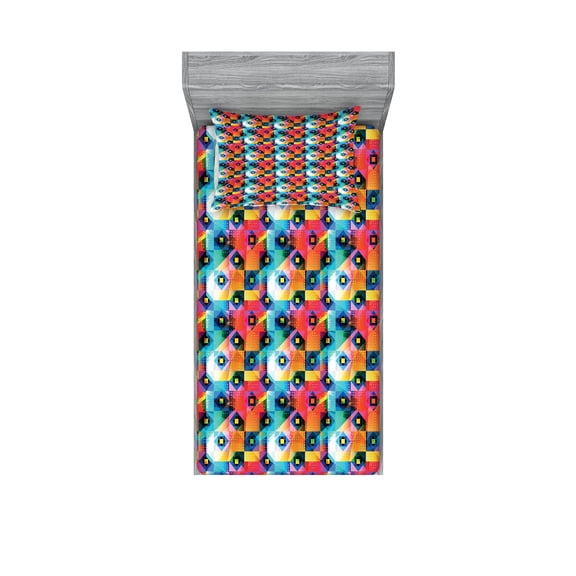 Ambesonne Geometric Fitted Sheet & Pillow Sham Set, Diamonds and Dot, Twin, Multicolor