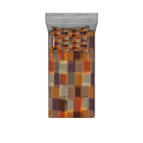 Ambesonne Geometric Fitted Sheet & Pillow Sham Set, Digital Grunge Design, Twinxl, Caramel Orange
