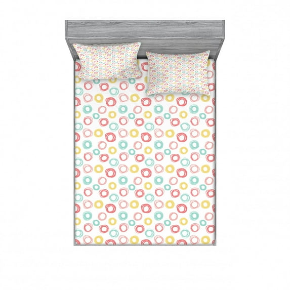 Ambesonne Geometric Fitted Sheet & Pillow Sham Set, Doodle Circular Shapes, Queen, Multicolor