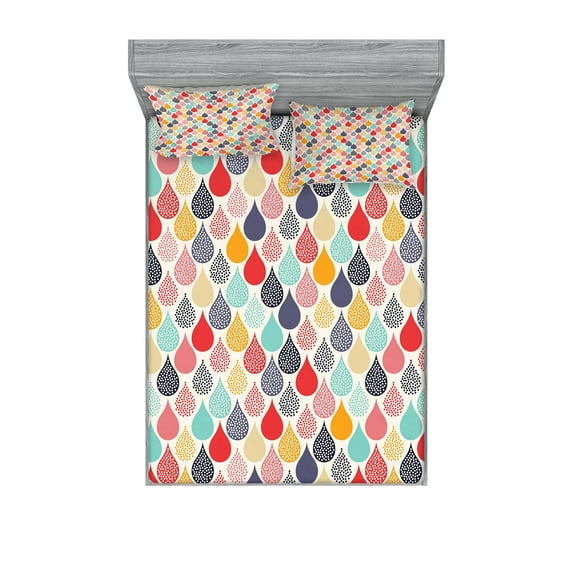 Ambesonne Geometric Fitted Sheet & Pillow Sham Set, Doodle Rainbow Style, Full, Multicolor
