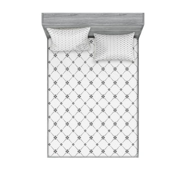 Ambesonne Geometric Fitted Sheet & Pillow Sham Set, Dotted Modern Flowers, Full, Grey and White
