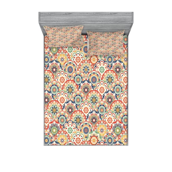 Ambesonne Geometric Fitted Sheet & Pillow Sham Set, Floral Old Display, Queen, Multicolor