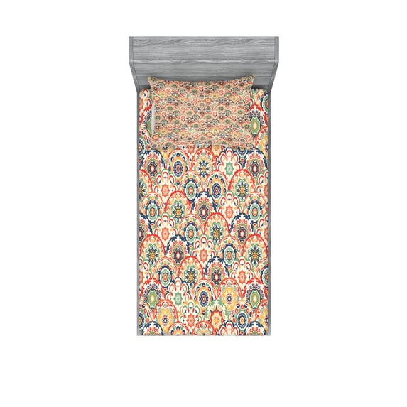 Ambesonne Geometric Fitted Sheet & Pillow Sham Set, Floral Old Display, Twin, Multicolor