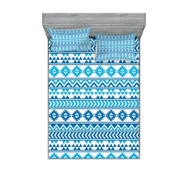 Ambesonne Geometric Fitted Sheet & Pillow Sham Set, Folk Cultural Forms, Full, Blue White