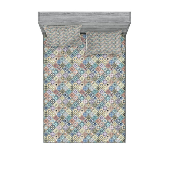 Ambesonne Geometric Fitted Sheet & Pillow Sham Set, Folkloric Effect Tile, Full, Multicolor