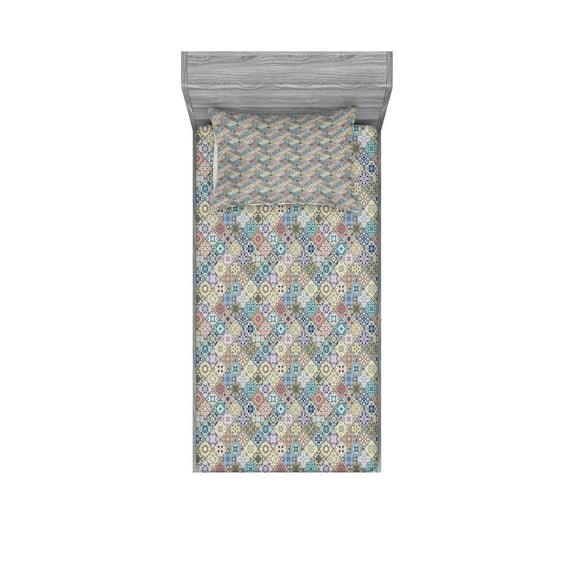 Ambesonne Geometric Fitted Sheet & Pillow Sham Set, Folkloric Effect Tile, Twinxl, Multicolor