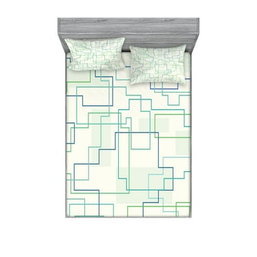 Ambesonne Geometric Fitted Sheet & Pillow Sham Set, Future Town Design, Full, Mint Green Royal Blue