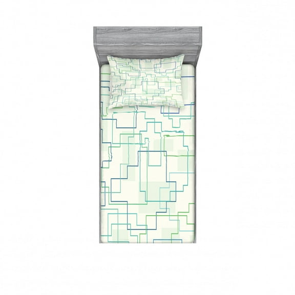 Ambesonne Geometric Fitted Sheet & Pillow Sham Set, Future Town Design, Twinxl, Mint Green Royal Blue