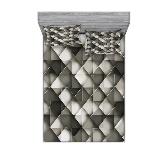 Ambesonne Geometric Fitted Sheet & Pillow Sham Set, Grey Ombre Squares, Queen, Charcoal Grey White
