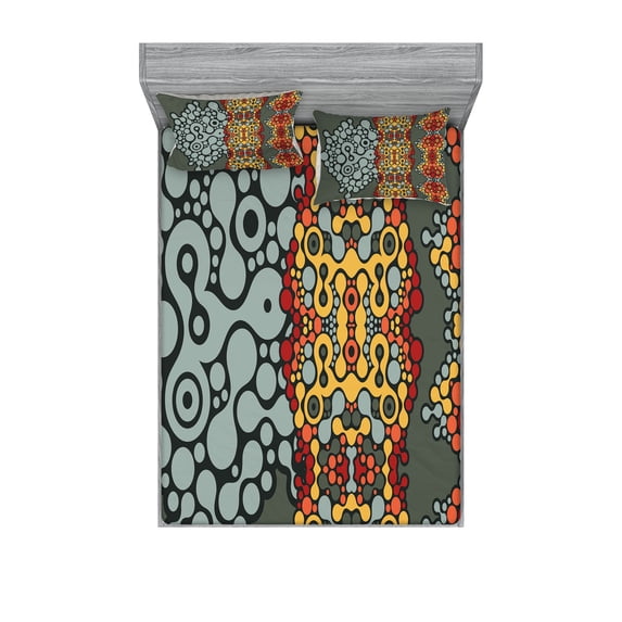 Ambesonne Geometric Fitted Sheet & Pillow Sham Set, Grey Rounds in Border, Full, Marigold Orange