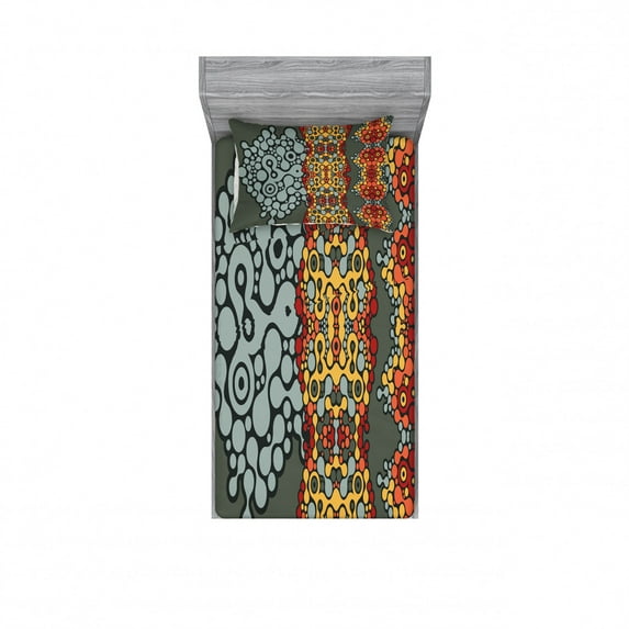 Ambesonne Geometric Fitted Sheet & Pillow Sham Set, Grey Rounds in Border, Twinxl, Marigold Orange