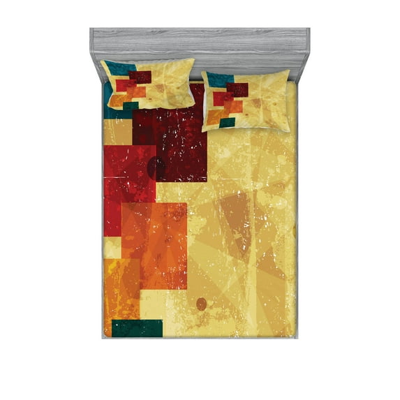 Ambesonne Geometric Fitted Sheet & Pillow Sham Set, Grunge Squares, Full, Multicolor