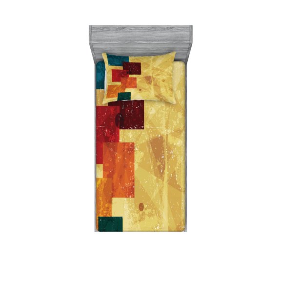 Ambesonne Geometric Fitted Sheet & Pillow Sham Set, Grunge Squares, Twin, Multicolor