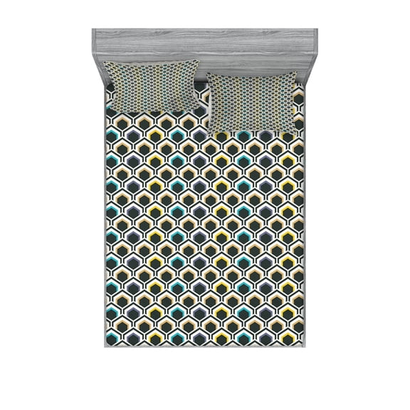 Ambesonne Geometric Fitted Sheet & Pillow Sham Set, Hexagonal Overlapping, Queen, Black Sky Blue Yellow