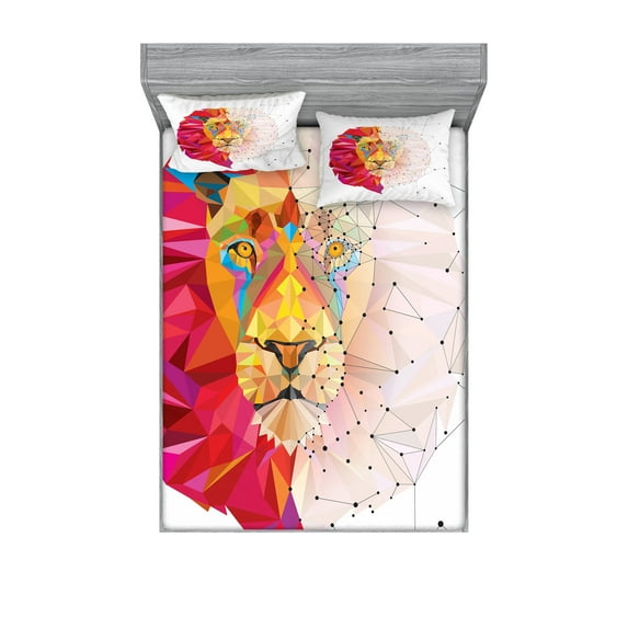 Ambesonne Geometric Fitted Sheet & Pillow Sham Set, Lion Head, Queen, White Pink Orange