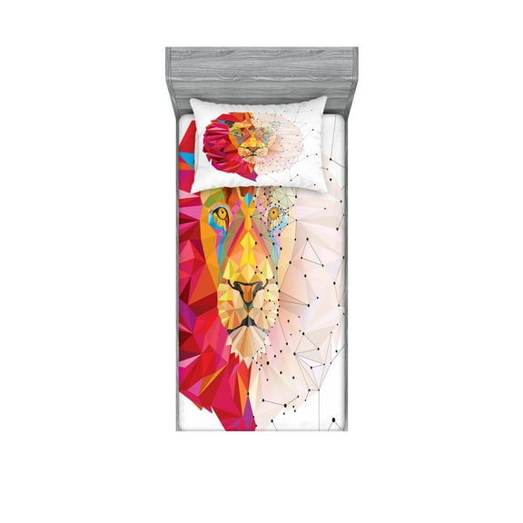 Ambesonne Geometric Fitted Sheet & Pillow Sham Set, Lion Head, Twin, White Pink Orange