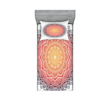 Ambesonne Geometric Fitted Sheet & Pillow Sham Set, Mandala Orient Heart, Twinxl, Multicolor