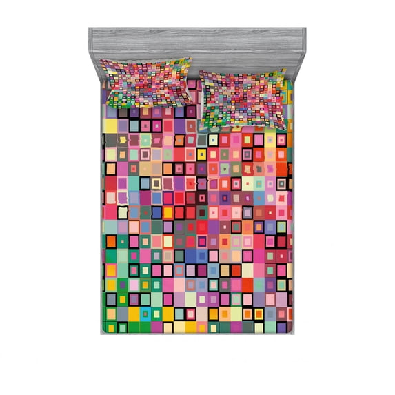 Ambesonne Geometric Fitted Sheet & Pillow Sham Set, Modern Colored Design, Queen, Multicolor