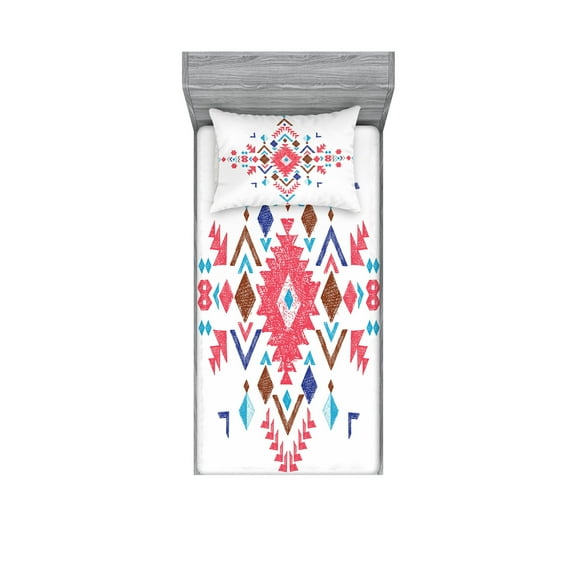 Ambesonne Geometric Fitted Sheet & Pillow Sham Set, Modern Frame, Twinxl, Vermilion Caramel Blue