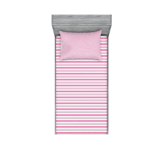 Ambesonne Geometric Fitted Sheet & Pillow Sham Set, Modern Striped Art, Twin, White Pink Grey