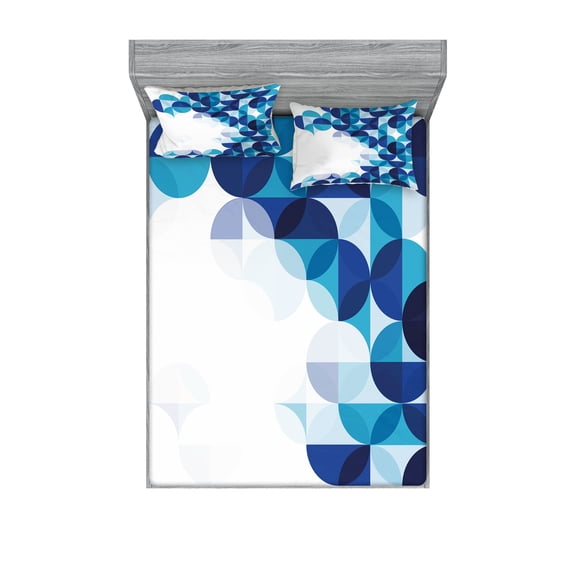 Ambesonne Geometric Fitted Sheet & Pillow Sham Set, Modern White Circles, Queen, Dark Blue White and Blue