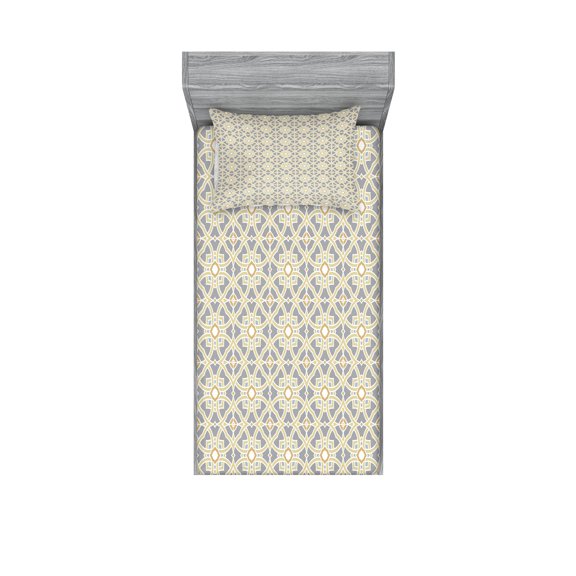 Ambesonne Geometric Fitted Sheet & Pillow Sham Set, Moroccan Floral Art, Twin, Taupe Pale Yellow