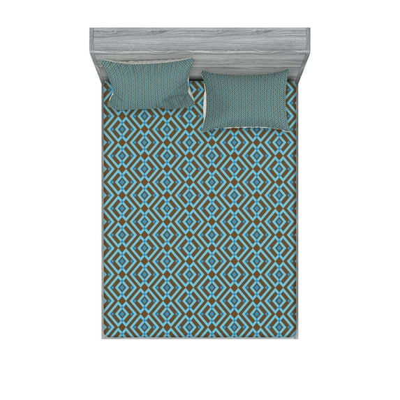 Ambesonne Geometric Fitted Sheet & Pillow Sham Set, Nested Square Pattern, Queen, Brown and Sky Blue