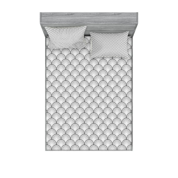 Ambesonne Geometric Fitted Sheet & Pillow Sham Set, Oriental Moroccan, Full, Black and White