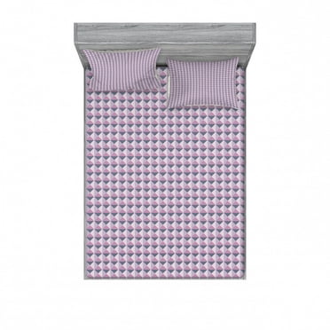 Ambesonne Geometric Fitted Sheet & Pillow Sham Set, Ornamental Grid Pattern, Queen, Purplegrey Pink Bluegrey