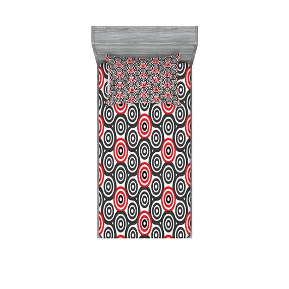 Ambesonne Geometric Fitted Sheet & Pillow Sham Set, Oval Mosaic, Twin, Red Black