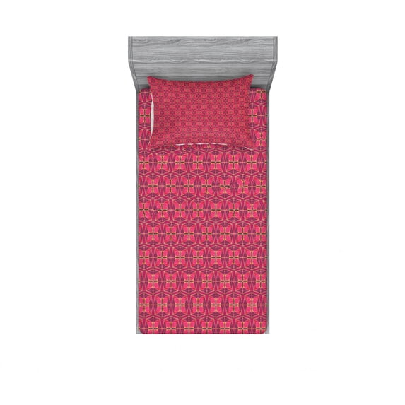 Ambesonne Geometric Fitted Sheet & Pillow Sham Set, Patchwork Floral Squares, Twin, Multicolor