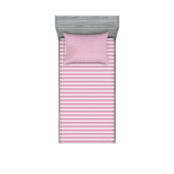 Ambesonne Geometric Fitted Sheet & Pillow Sham Set, Pink Tones Stripes, Twinxl, Pink Grey White