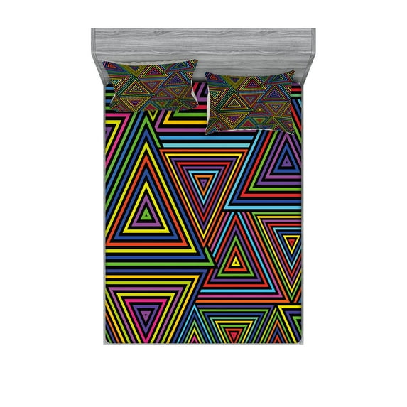 Ambesonne Geometric Fitted Sheet & Pillow Sham Set, Rainbow Colors Design, Full, Multicolor