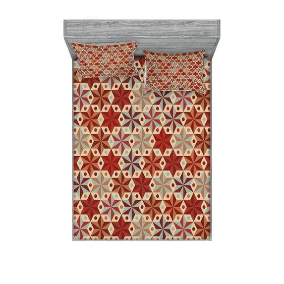 Ambesonne Geometric Fitted Sheet & Pillow Sham Set, Retro Anise Stars Motif, Queen, Multicolor