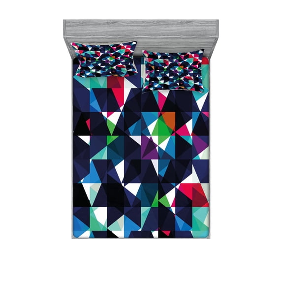 Ambesonne Geometric Fitted Sheet & Pillow Sham Set, Retro Colorful Mosaic, Full, Multicolor