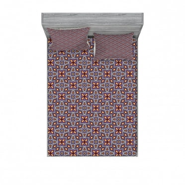 Ambesonne Geometric Fitted Sheet & Pillow Sham Set, Retro Mesh Composition, Queen, Orange Lavender