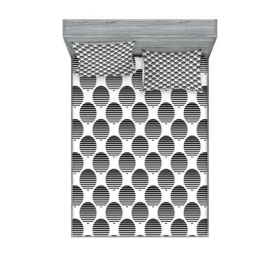 Ambesonne Geometric Fitted Sheet & Pillow Sham Set, Ripple Circles, Full, Black White