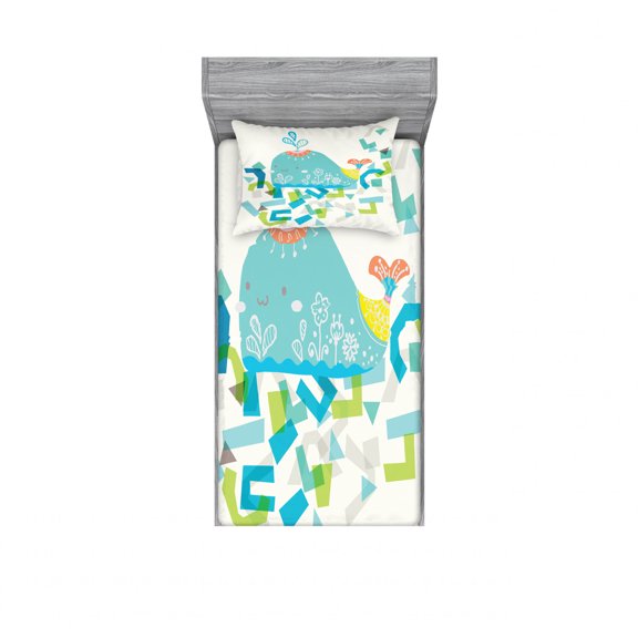 Ambesonne Geometric Fitted Sheet & Pillow Sham Set, Smile Whale Cartoon, Twinxl, Blue Yellow and Green